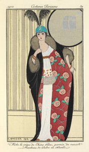 "Vit crepe de chine klänning trimmad med räv. Otterrock och skunks," av Georges Barbier