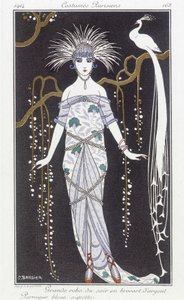 Silverbrokad aftonklänning och peruk - Illustration av George Barbier (1882-1932). i "" Journal des dames et des modes: Costumes Parisiens"" av Georges Barbier