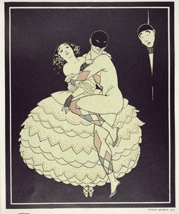 Tamara Karsavina (1885-1978) som Columbine och Vaslav Nijinsky (1890-1950) som Harlequin i Fokines "Carnaval" 1910, pub. 1914 (pochoirtryck) av Georges Barbier
