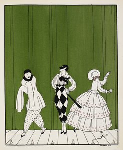 Tre karaktärer från 1910 års balett, Carnaval, komponerad av Robert Schumann. Till vänster är en mimare. I mitten står en man, klädd i en vit skjorta med svart slips och rutiga byxor, iklädd mask. Till höger är en dam, bakåtvänd av Georges Barbier