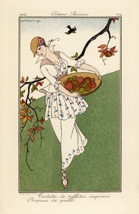 Kvinna i stråhatt och klänning av tryckt taft. av Georges Barbier