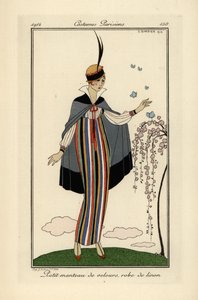 Kvinna i randig linneklänning med kort sammetsrock. av Georges Barbier