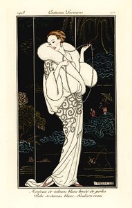 Kvinna i sammetscap, damastklänning och rosa tofflor. av Georges Barbier