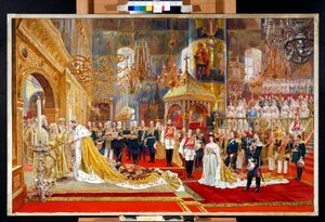 Kröning av tsar Alexander III av Ryssland (1845-1894) och kejsarinnan Maria Feodorovna (Dagmar av Danmark) (1847-1928) - Konstverk av Georges Becker (1845-1909) av Georges Becker
