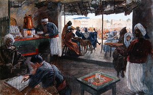 Ett kafé i Marocko, ca 1900 (färg litho) av Georges Bertin Scott