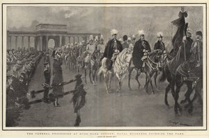 Begravningståget vid Hyde Park Corner, kungliga sörjande kommer in i parken