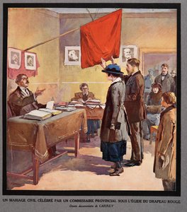 Ett borgerligt äktenskap som förrättades av en provinskommissarie under den röda flaggans sken, ur Histoire des Soviets, publ. 1922 (färglitografi)