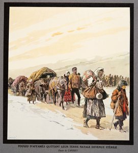 Hungriga människors utvandring från sitt hemland, ur Histoire des Soviets, publ. 1922 (färglitografi)