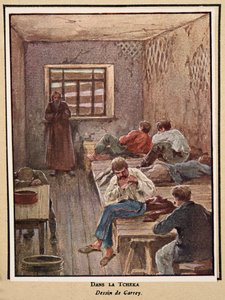 I tjekan; från Histoire des Soviets, pub. 1922 (färglitografi)