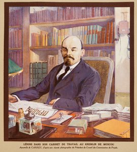 Lenin på sitt kontor i Kreml i Moskva, ur Histoire des Soviets, publ. 1922 (färglitografi)