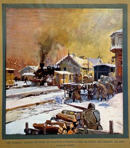 Ryska revolutionen 1917: strid mellan vita och röda män nära en järnvägsstation