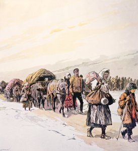 Svältande folkmassor lämnar sitt hemland, ca 1924 (färglitografi)