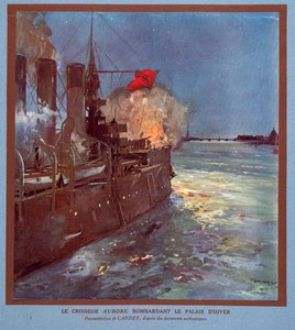 Kryssaren Aurora skjuter mot Vinterpalatset, från Histoire des Soviets, pub. 1922 (färglitografi)