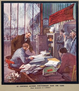 Arbetarkontroll i en sovjetisk fabrik vid tiden för revolutionen 1917, ur Histoire des Soviets, pub. 1922 (färglitografi)