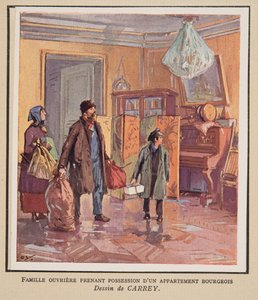 Arbetarfamilj tar en borgerlig lägenhet i besittning, ur Histoire des Soviets, pub. 1922 (färglitografi)