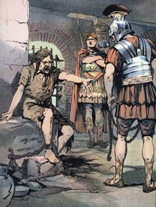 Gallienkriget: "" Den galliska krigaren Vercingetorix fånge i Jules Cesars romerska vapen i fängelserna i Tullianum, 46 f.Kr." (Galliska krig: Vercingetorixfången i Mamertine-fängelset i Rom efter hans nederlag mot Julius Caesar, 46 f.Kr.) Illustration av av Georges Conrad