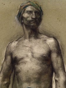 Studie av naken man vid turbanen (detalj) (cirka 1888). George Desvallieres (1861-1950). Pastell på pappersstav laminerar på kartongpapper. Musee des Beaux-Arts de la Ville de Paris, PeuPalais.