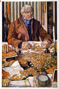 Le pere Grandet räknar sina pengar - Illustration i "Eugenie Grandet" av Honore de Balzac, koll. Idealiskt bibliotek