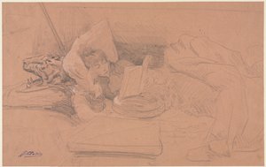 Sarah Bernhardt lutar på en divan, läser av Georges Jules Victor Clairin