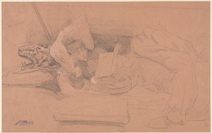 Sarah Bernhardt liggande på en divan, läsning, ca. 1885-1890. av Georges Jules Victor Clairin