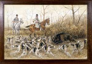 Förpackning med hundar runt ett vildsvin i jakt - teckning av Georges La Roque, cirka 1900 av Georges La Roque