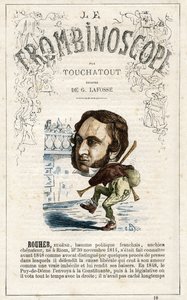 Eugene ROUHER (1814-1884) - illustration från "Le Trombinoscope", en satirisk politisk tidskrift av Leon-Charles Bienvenu, känd som Touchatout (1835-1910) monografi N. 18, Imprimerie Vallee, Paris av Georges Lafosse