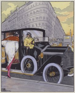 Dammode från 1910-talet och en Lorraine-Dietrich-bil. (färg litho)