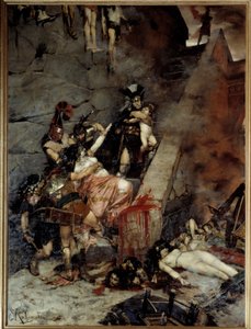 Andromaque. Troja tagen, Pyrrhus hade i sin del av bytet Hectors änka, Andromaque, och hans son Astyanax. Målning av Georges Antoine Rochegrosse (1859-1938)