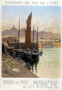 Les bains de mer de la Manche (Utsikt över hamnen i Granville) - Affisch för statens järnvägar, av Meunier av Georges Meunier