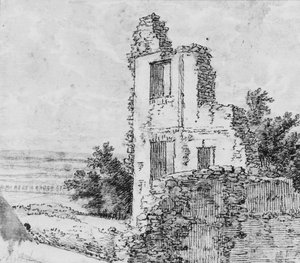 An Allée of Trees in a Park recto, The Ruins of a Building on a Hill verso, n.d.. av Georges Michel