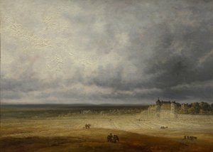 Landskap med plöjt fält och by, troligen efter 1827.
