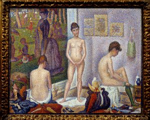Uppsättning, liten version Till vänster, målningen "" En söndag efter middag på ön Grande Jatte"" målning av Georges Seurat (1859-1891) 1888 Collection privee - Modellerna tillsammans, mindre version. Till vänster bilden ”En söndagseftermiddag av Georges Pierre Seurat