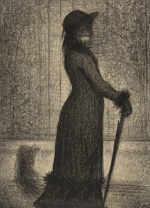 Une Elegante, Kvinnan som promenerar, ca 1884 (Conte-krita på michalettpapper) av Georges Pierre Seurat