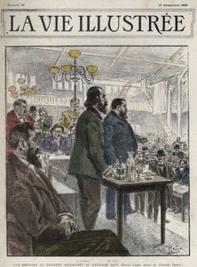 Generalkongressen för socialistiska organisationer, som hölls i Paris i december 1899, på Gymnasium Japy - Jean Jaures (1859-1914) och Eugene Fournier (1857-1914) teckning av Georges Redon - la vie illustree de 1899 av Georges Redon