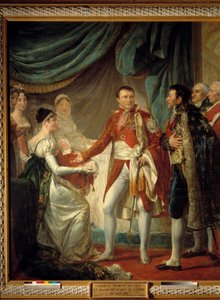 Kejsar Napoleon I presenterar sin son, kungen av Rom, för imperiets dignitärer den 20/03/1811 i närvaro av den imponerande Marie Louises målning av Georges Rouget (1784-1869) 1812 Sön. 2,60 x 2,20 m - Presentationen av kungen av Rom -Napoleon