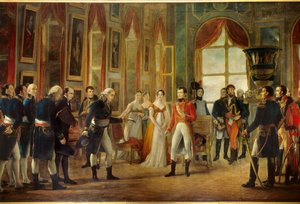 Napoleon I (1769-1821) tog emot i Saint-Cloud Senatus-Consulte som utropade honom till kejsare av fransmännen den 18/05/1804 (bakom kejsarinnan Josephine, står hans dotter Hortense och hennes svägerska Marie-Annonciade, Caroline Bonaparte (1782-1839)). Je