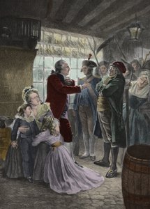 Franska revolutionen: 21 juni 1791 Kungafamiljen (Louis XVI, kung av Frankrike, drottning Marie Antoinette och deras två barn, Madame Elisabeth, kungens syster och guvernant för barnen) fångades i värdshuset i Varennes (Varennes-en-Argonne) under th av Georges Roussin