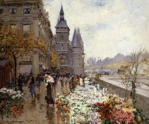 En blomstermarknad längs Seine,
