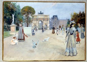Utsikt över Tuilerierna i Paris Trädgården var en av de parisiska platserna för promenader av eleganta. Gouache av Georges Stein (1870-?) DR privatsamling från 1900-talet
