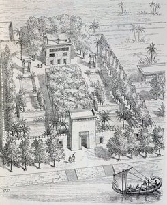 Utsikt över egyptisk villa längs Nilen, rekonstruktion av Chipiez, från antikens konsthistoria (Egypten, Assyrien, Persien, Mindre Asien, Grekland, Etrurien, Rom) av Georges and Chipiez Charles Perrot