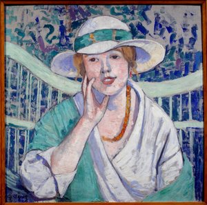 Porträtt av damen med vit och grön hattmålning av Georgette Agutte (1867-1922) 1914 Grenoble, Musee des Beaux Arts av Georgette Agutte
