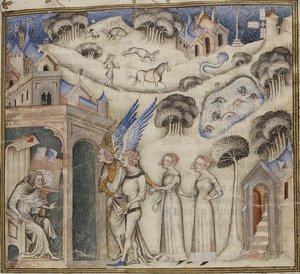Amour leder sina barn Sweet Thought, Pleasure och Hope till Guillaume de Machaut, av Jean de Sy