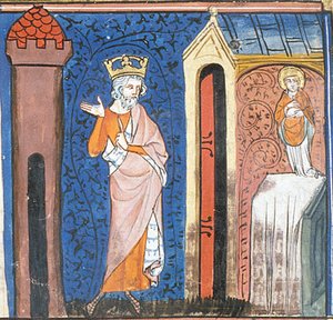 Karl den store hedrar S:t Denis, från Chroniques de France ou de St Denis, 1300-talet (22702899392)