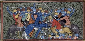 Charles Martel besegrar Eudo och saracenerna, Grandes chroniques de France, Royal 16 G.VI, f.117v, ca 1332-1350 (22727638241) av Georgia Levan Ramishvili from Tbilisi