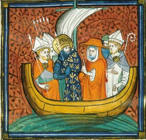 Rådet ombord på ett fartyg, från Chroniques de France ou de St Denis, 1300-talet (22528511880)