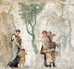 Eros förs av Peitho till Afrodite medan Anteros skrattar åt att han straffas för att ha valt fel mål, fresker från Pompeji, ca 25 f.Kr. (28298194699)