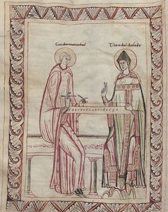 Guido av Arezzo och biskop Tedald arbetar med monokord, miniatyr från 1000-talet (21954743795)