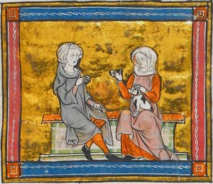 Lancelot i samtal med en dam som håller i en liten svartvit hund, från Morte Artu, ca 1315-1325 (41067329535) av Georgia Levan Ramishvili from Tbilisi