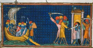 Ludvig IX landstiger i Tunis, och fransmännen blir avskurna av saracener i tornet, från Chroniques de France ou de St Denis, 1300-talet (22528512660)