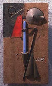 Färgad konstruktion av material, nummer 7. (stilleben). Verk av Georgi Avgustovich Stenberg (1900-1933), trä, metall, glas, sand på trä